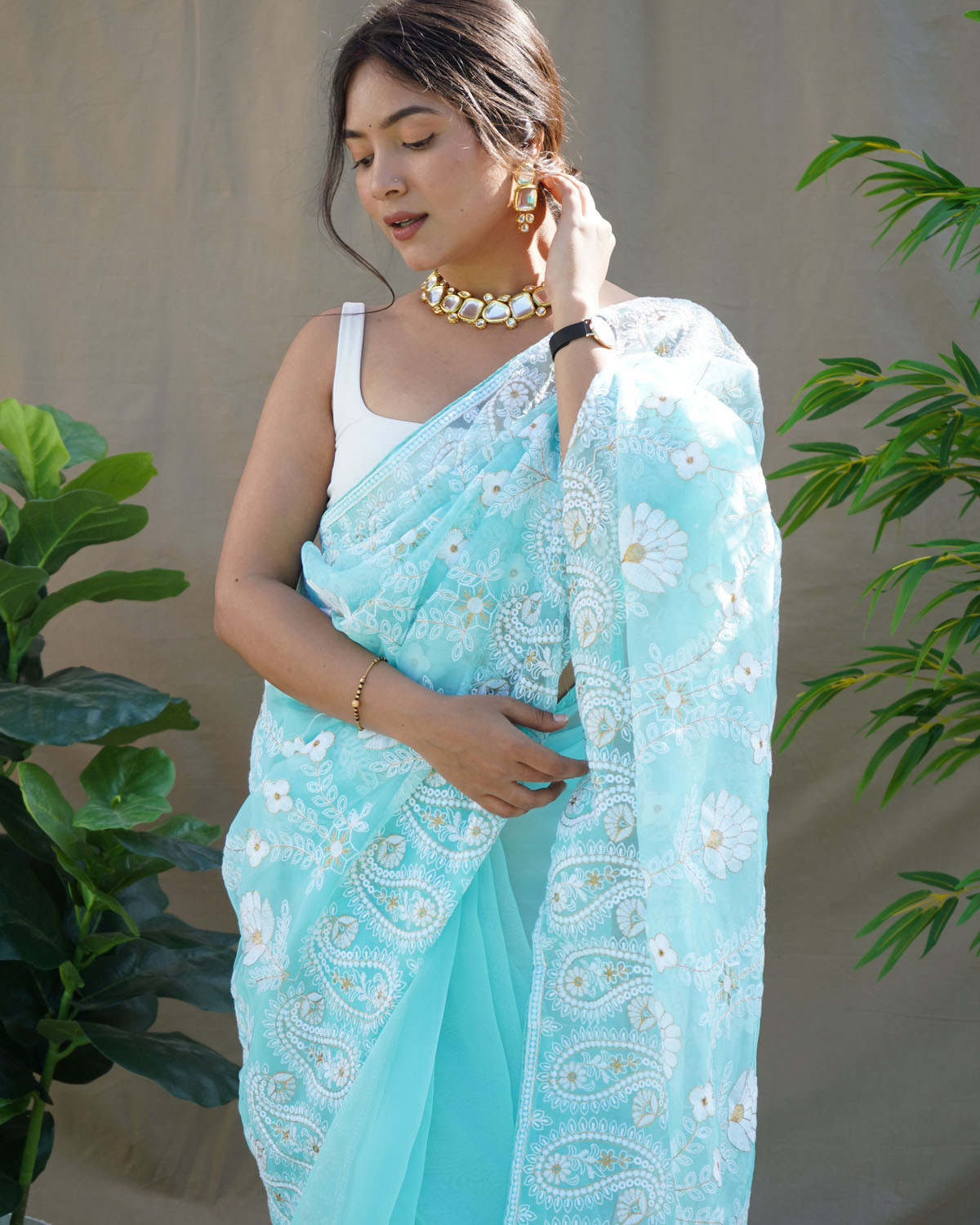 Premium Organza Silk Designer saree with Hand Embroidery Work- Blue