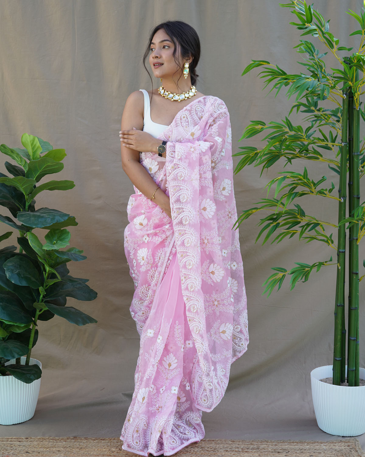 Premium Organza Silk Designer saree with Hand Embroidery Work- Pink