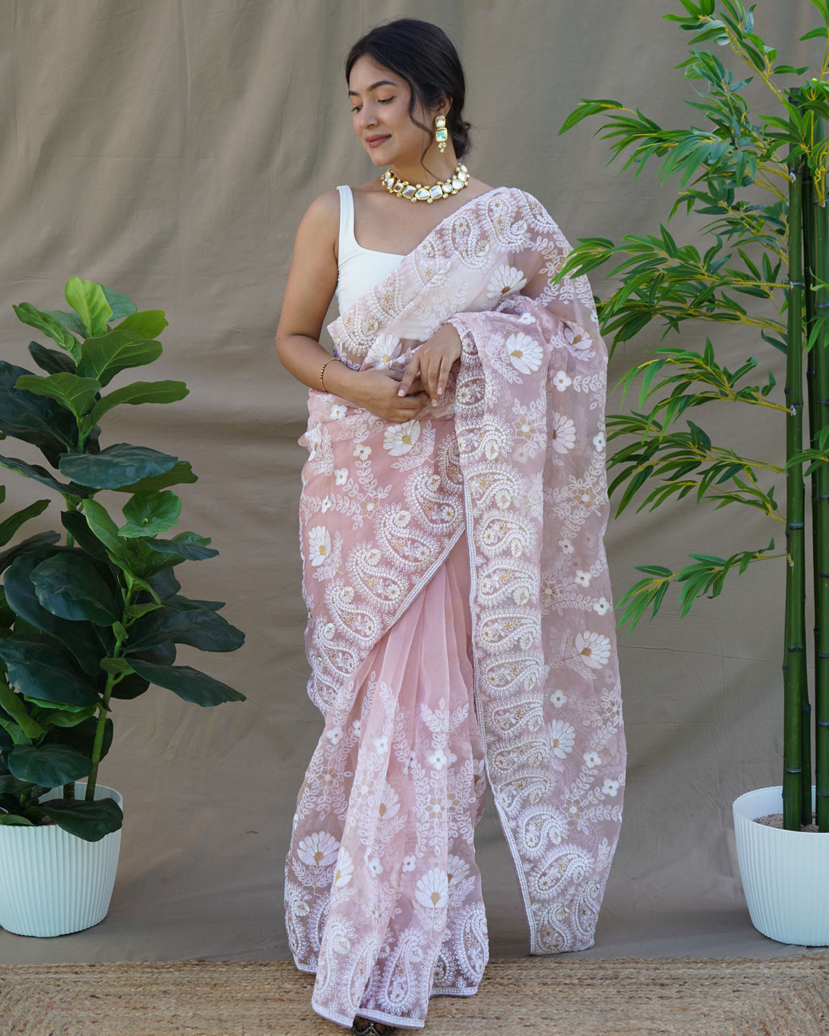 Premium Organza Silk Designer saree with Hand Embroidery Work- Peach