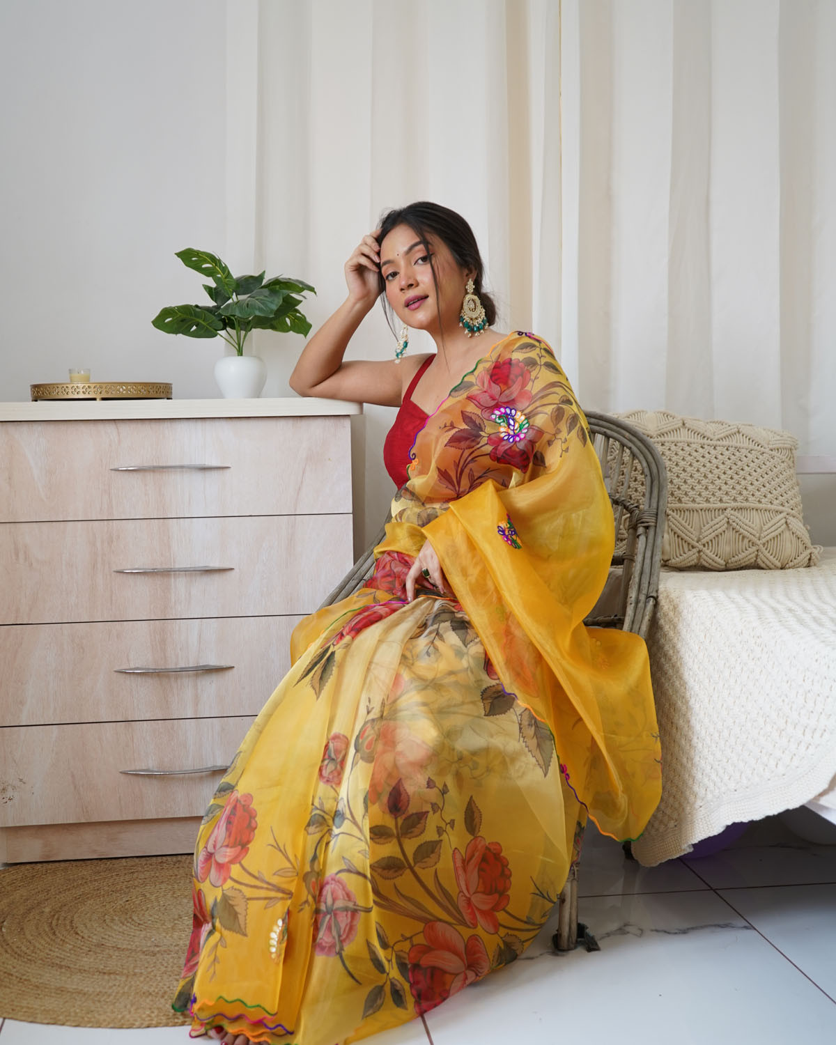 Premium Organza Designer saree with Embroidery Work - Yellow