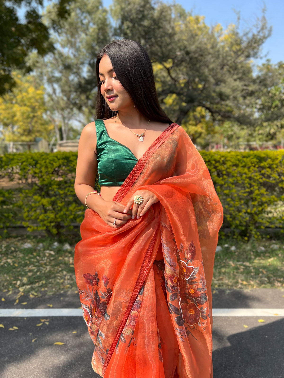 Premium Organza Designer saree with Hand Embroidery Work - Orange
