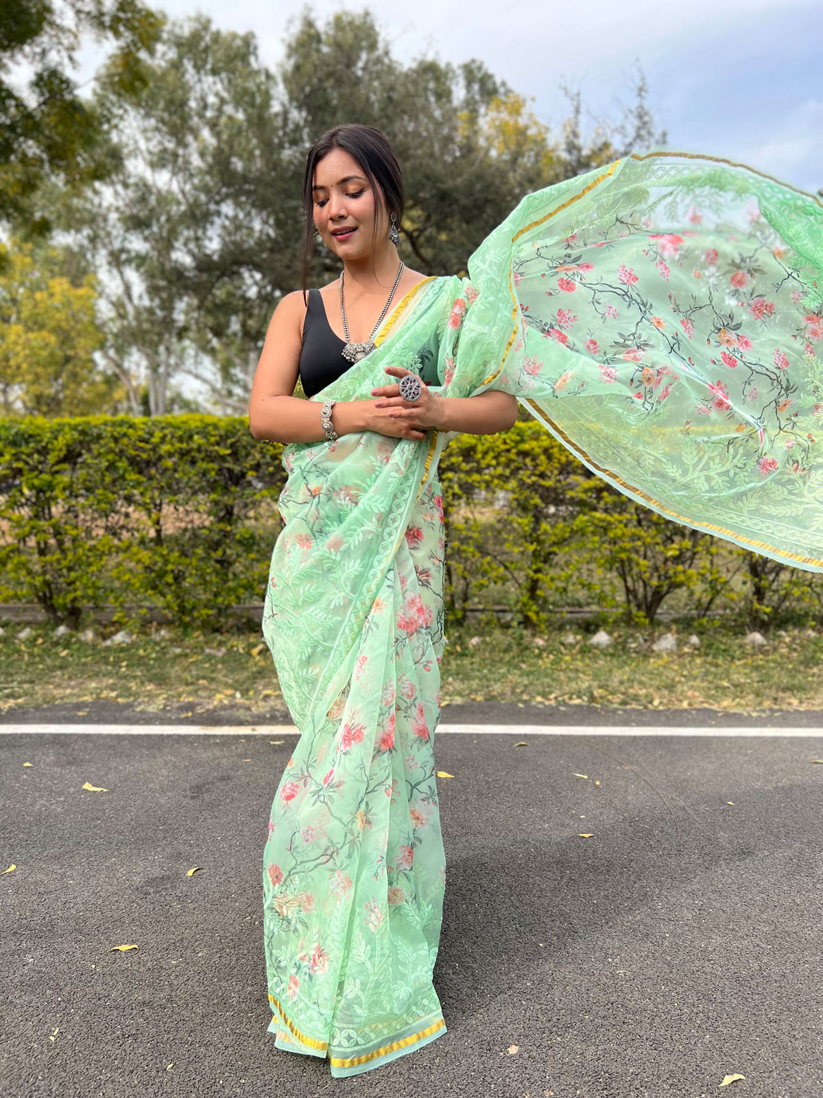 Premium Organza Designer saree with Embroidery Work - Green
