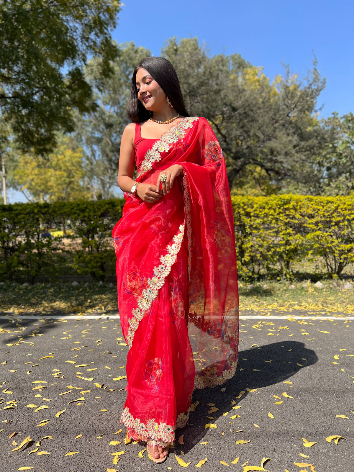 Premium Organza Designer saree with Embroidery Work - Red