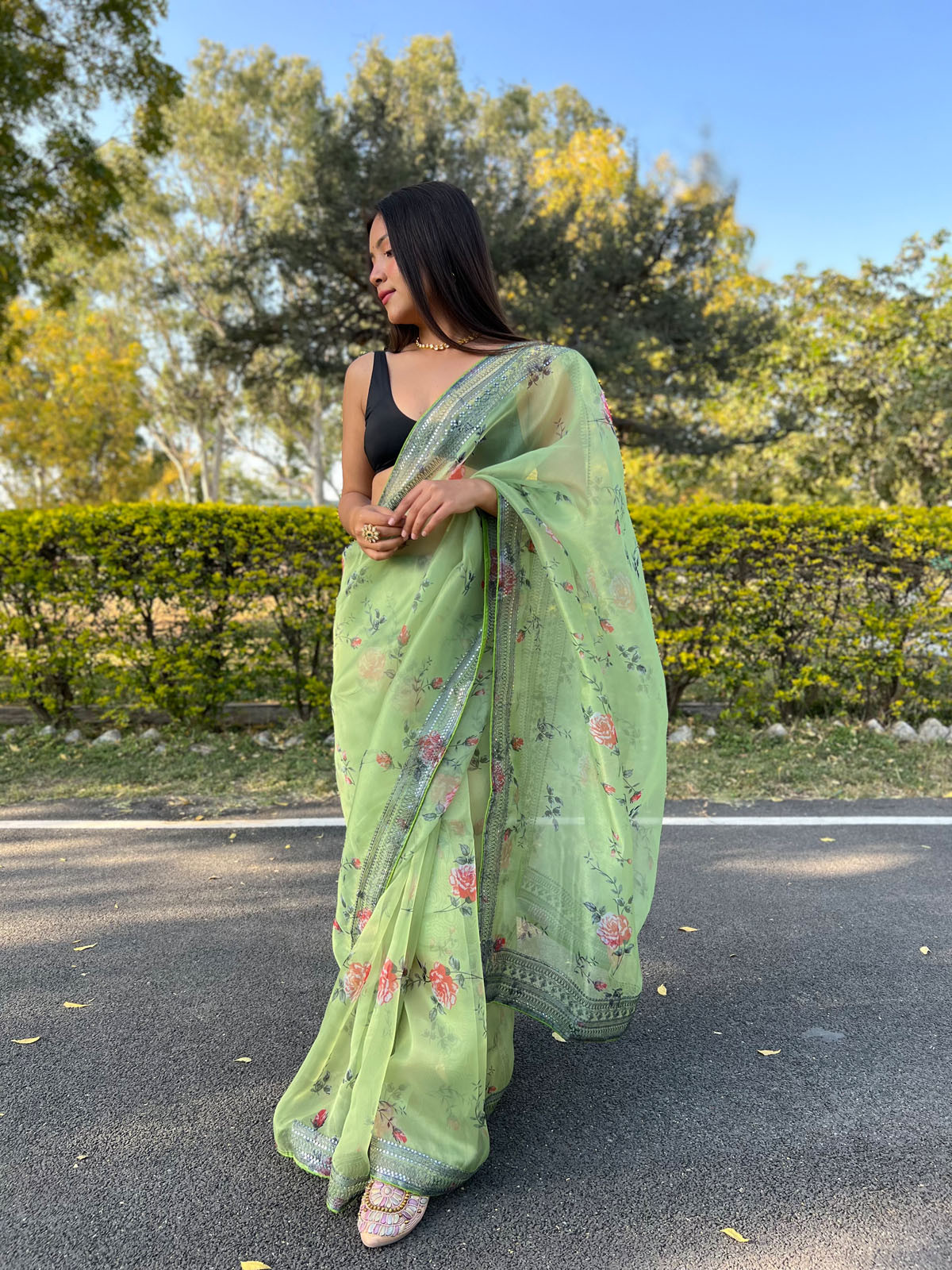 Premium Organza Designer saree with Embroidery Work - Green
