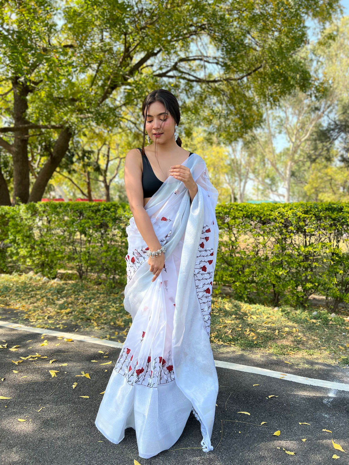 Pure Organza Designer saree with Embroidery Work –White 