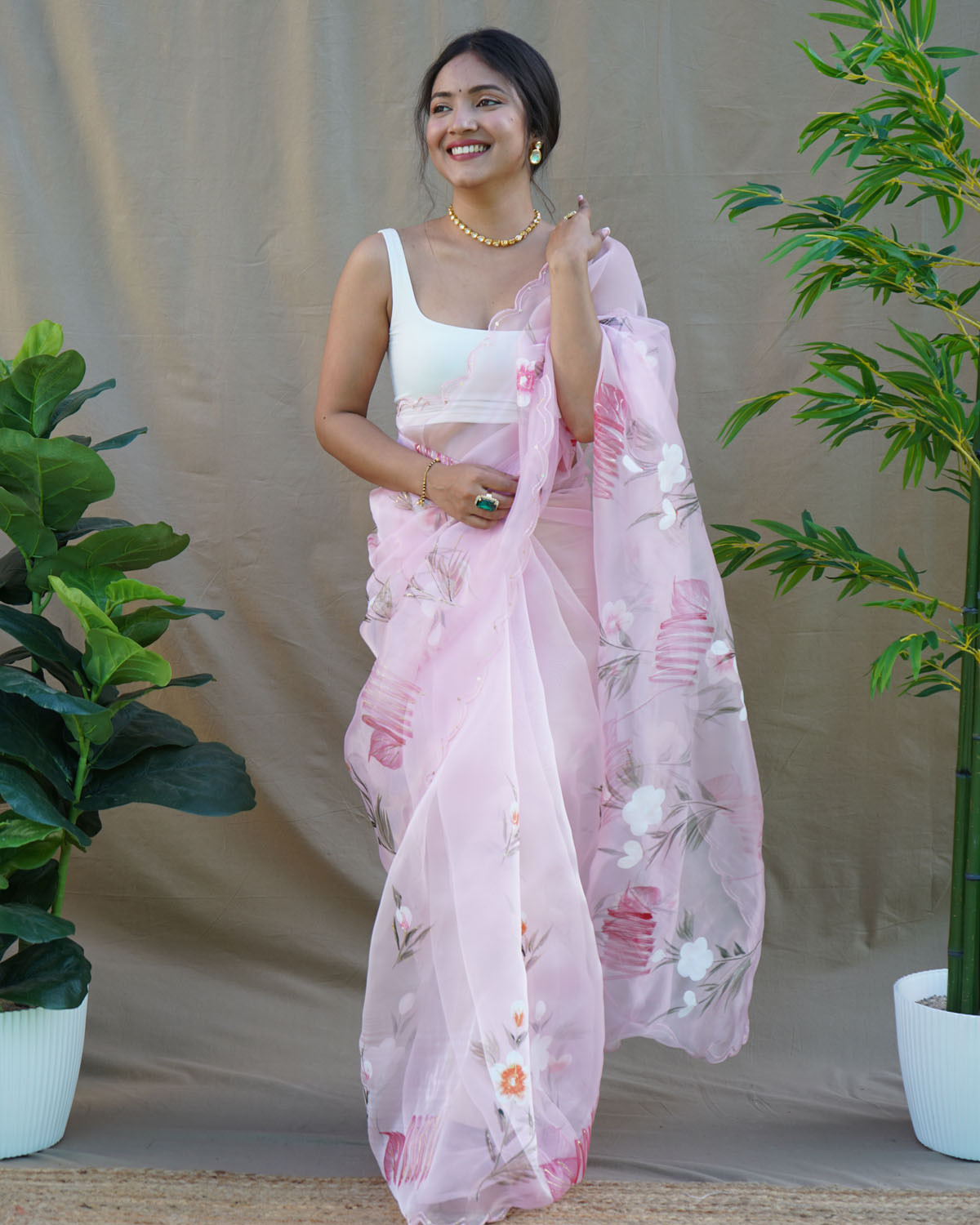 Pure Organza digital printed Designer saree With Foil Print–Pink