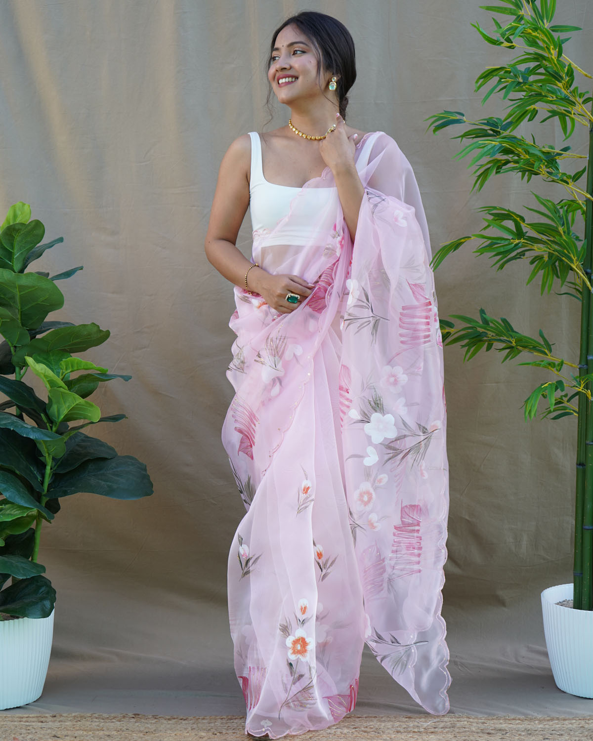 Pure Organza digital printed Designer saree With Foil Print–Pink