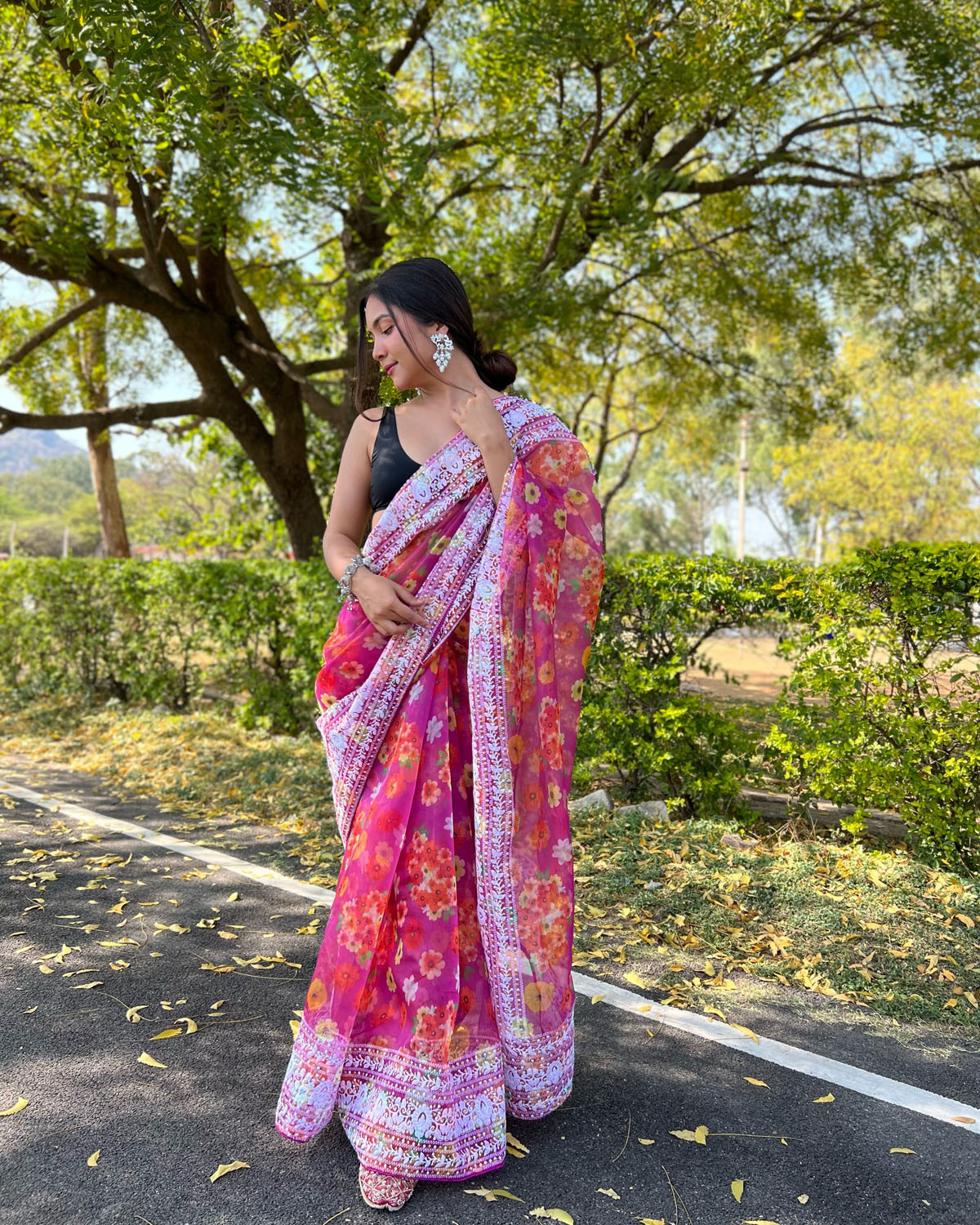 Pure Organza digital printed saree with Embroidery work–Purple