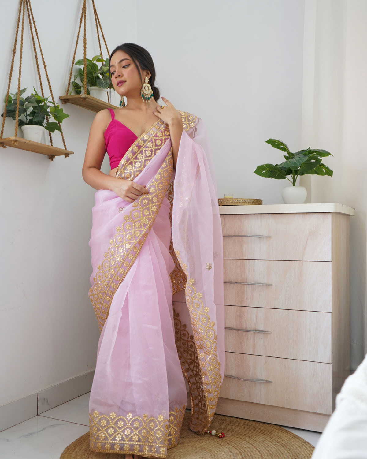 Pure Organza Designer saree with Gota Embroidery work – Pink