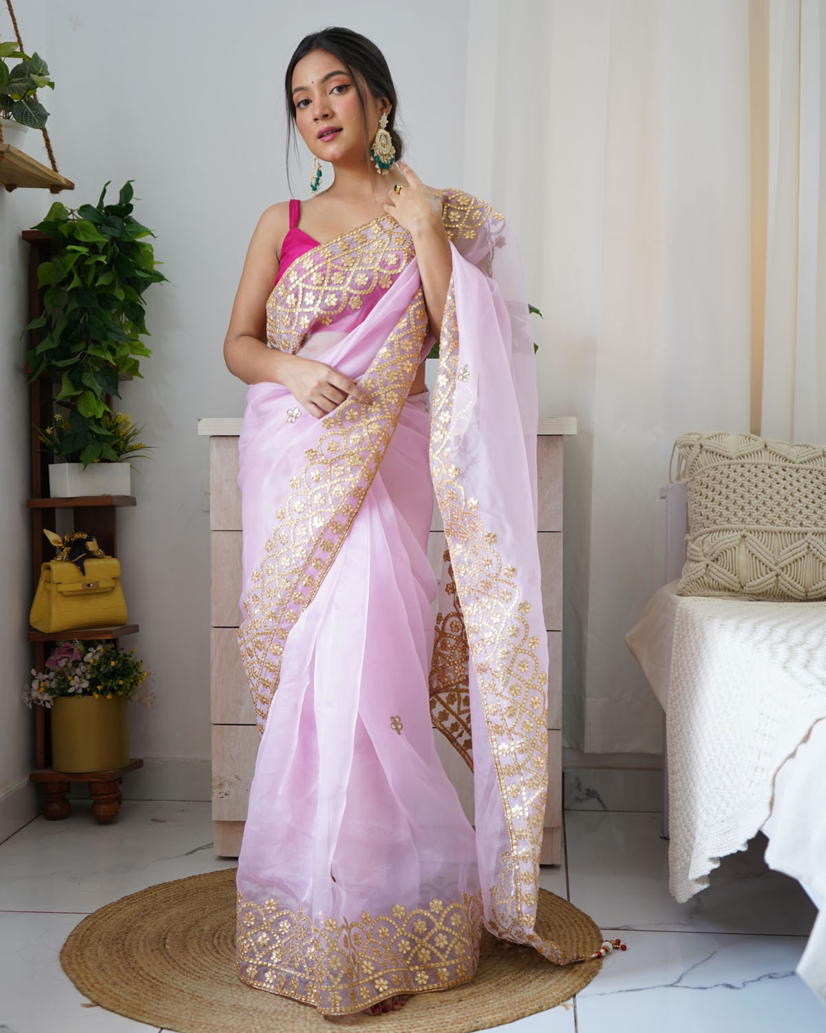 Pure Organza Designer saree with Gota Embroidery work – Pink