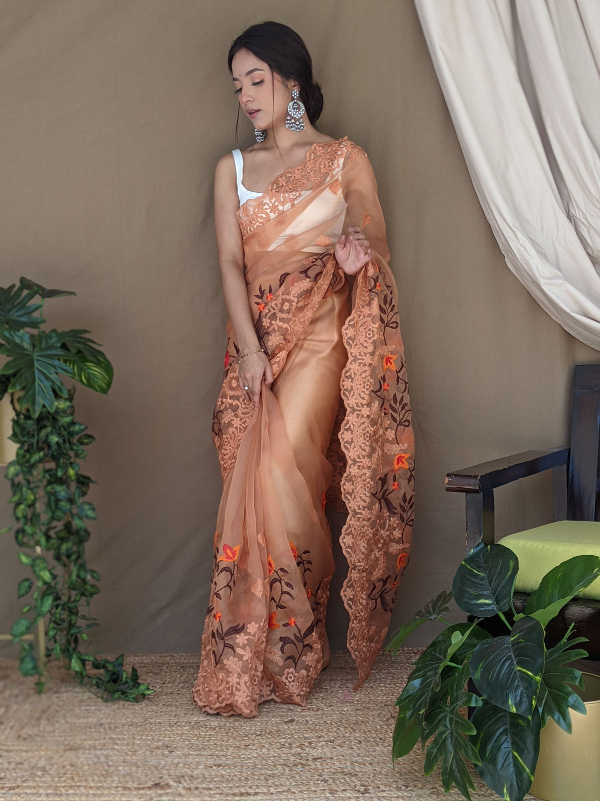 Pure Organza Digital Printed saree with Embroidery work – Peach
