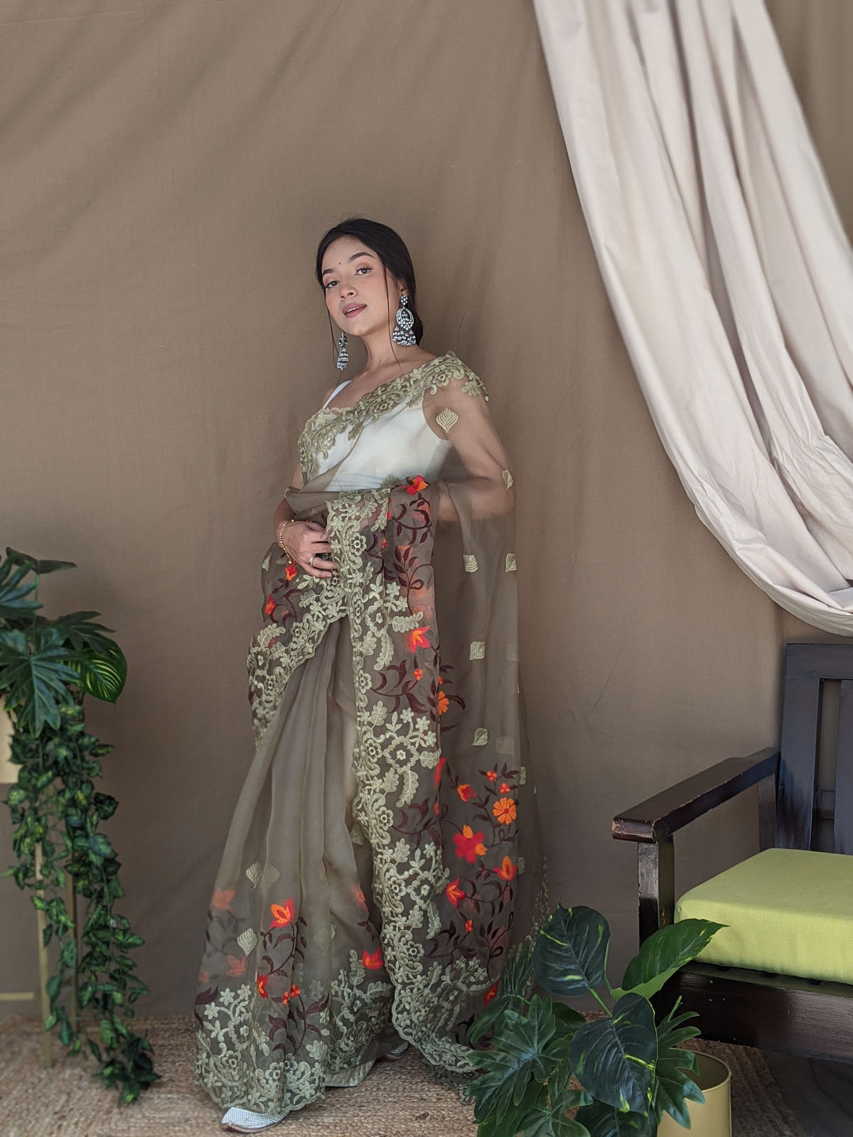 Pure Organza Digital Printed saree with Embroidery work – Grey