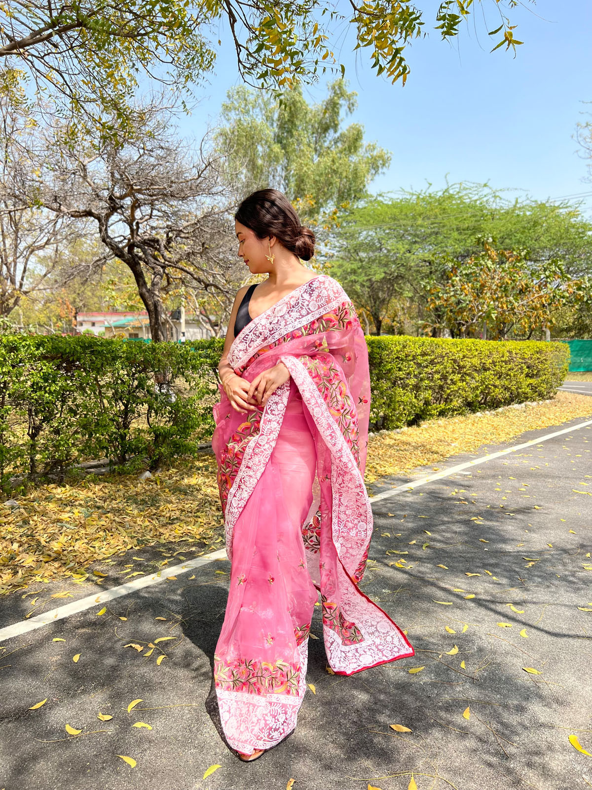 Pure Organza Silk Designer saree with Embroidery work Pink