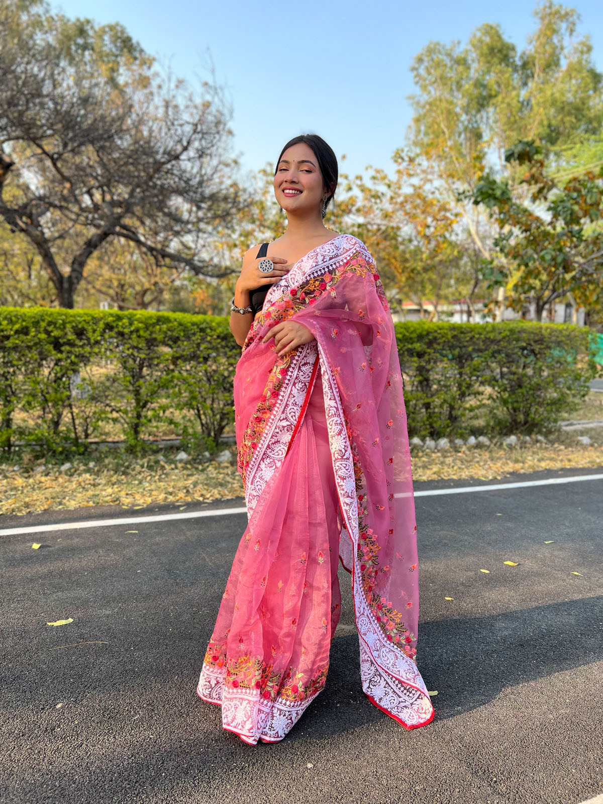 Pure Organza Silk Designer saree with Embroidery work –Pink