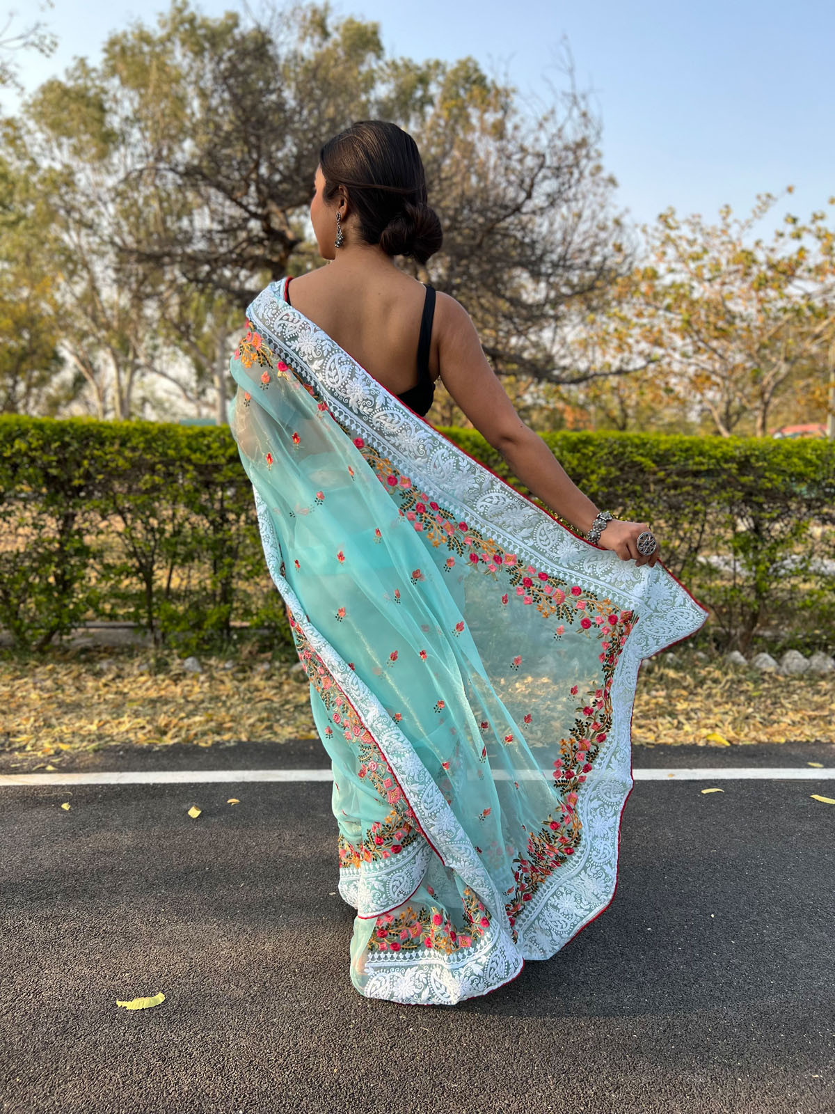 Pure Organza Silk Designer saree with Embroidery work –Sky Blue