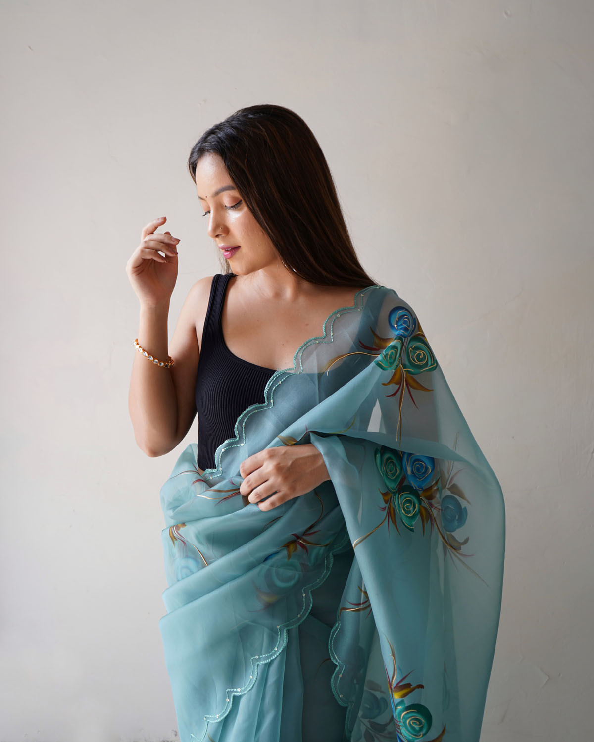 Pure Organza Designer Hand Printed saree with Foil Print –Blue