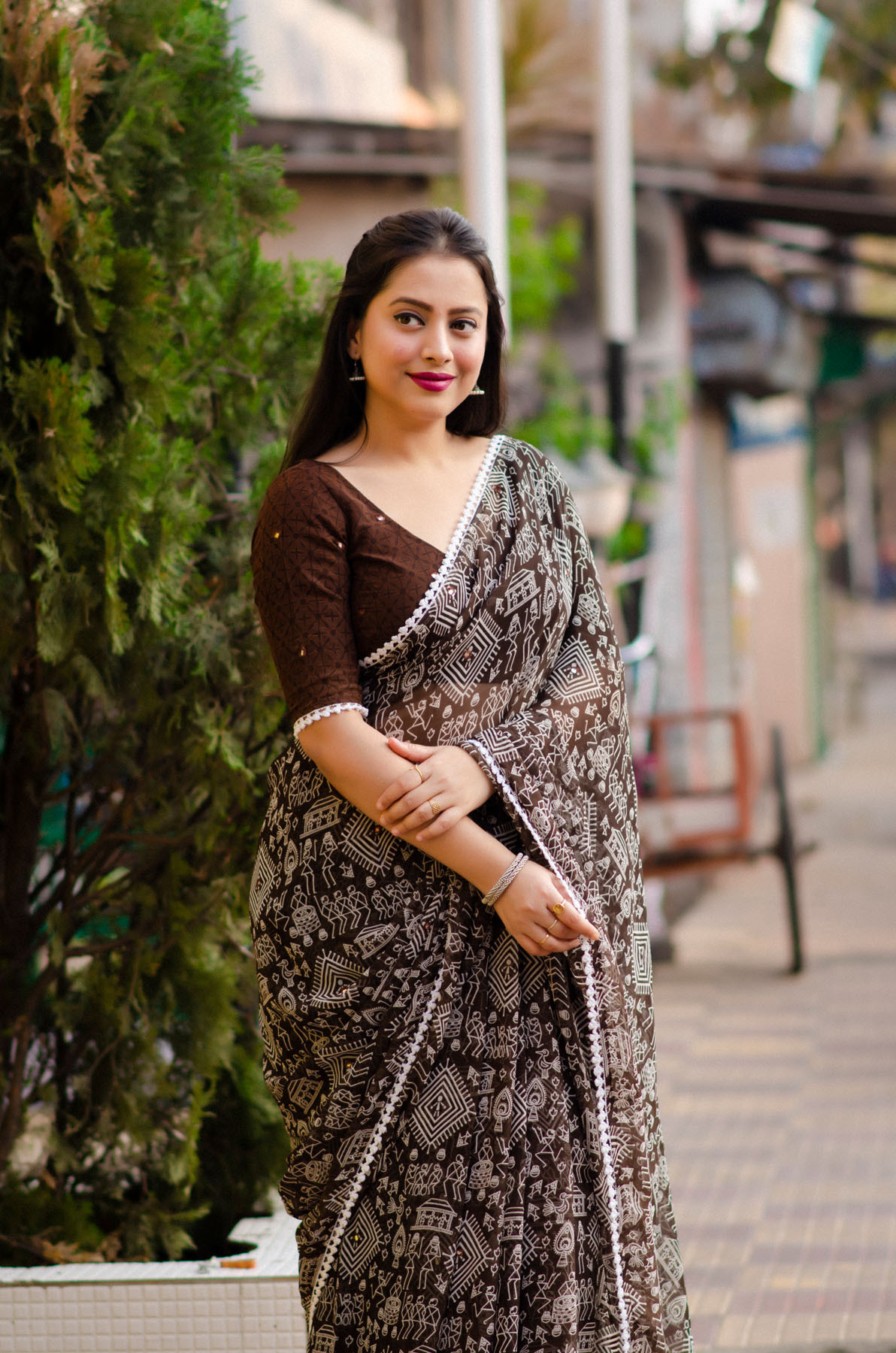 Pure Soft georgette Printed saree with mirror Work - Brown