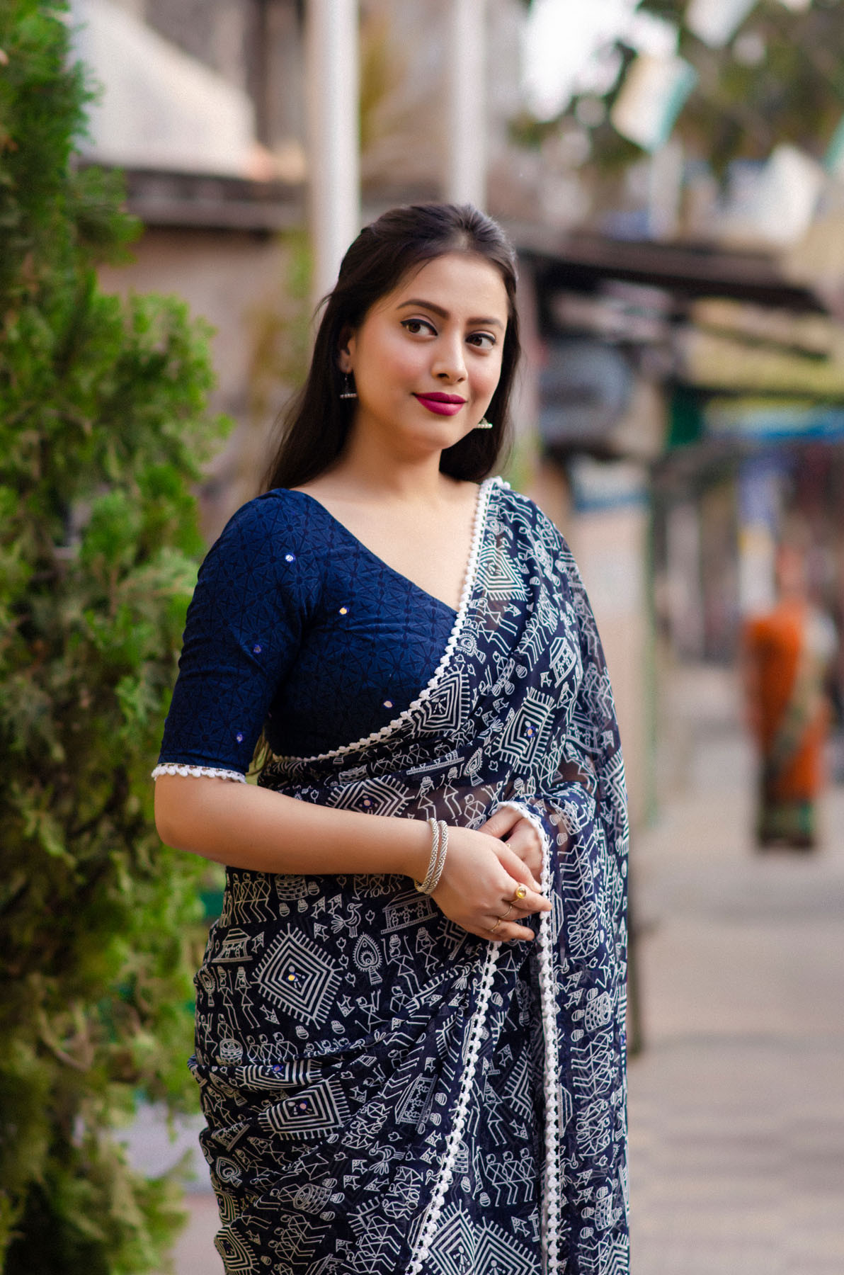 Pure Soft georgette Printed saree with mirror Work - Navy Blue