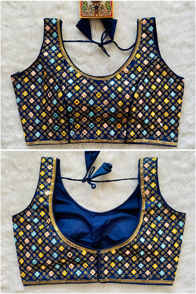 Embroidered Phantom Silk Designer Blouse - Navy Blue(L)