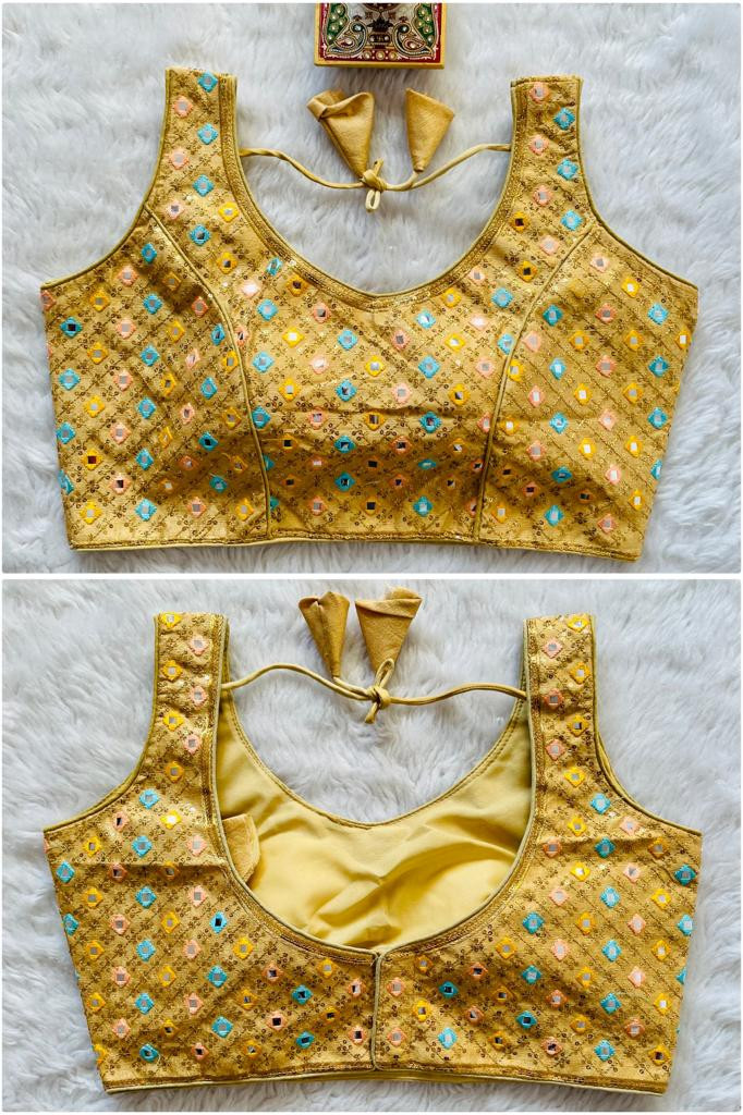Embroidered Phantom Silk Designer Blouse - Yellow(3XL)