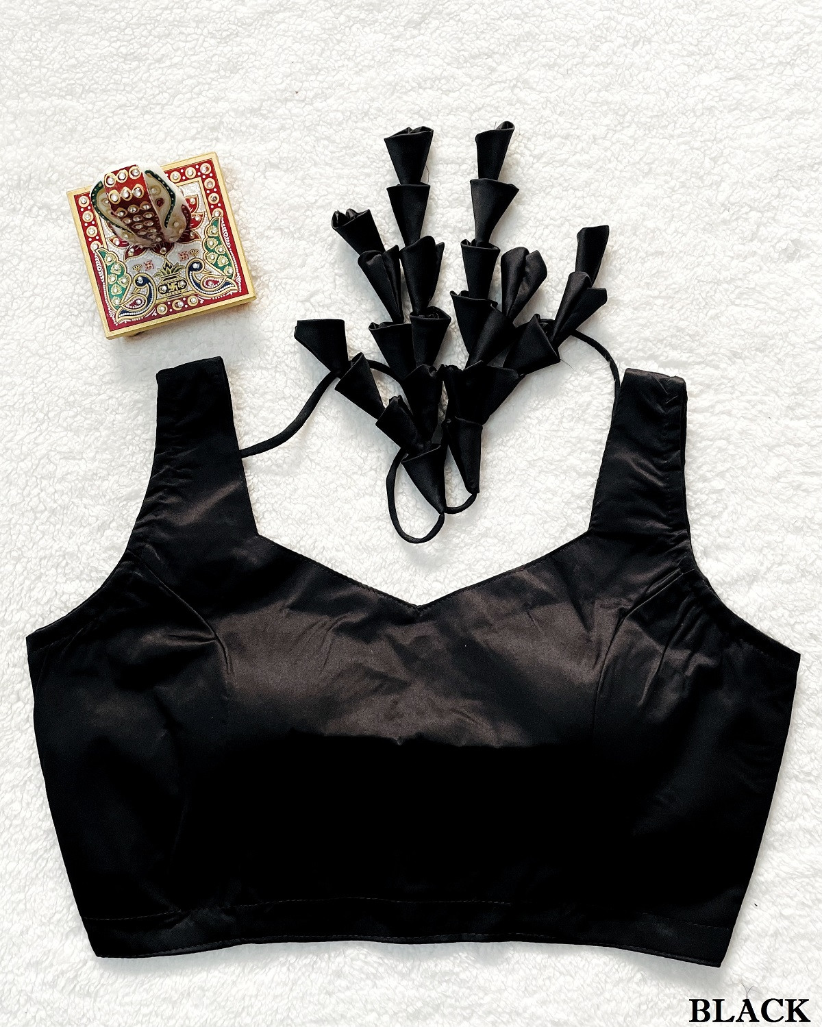 Malai Satin Ready Made Padded Blouse - Black(XL)