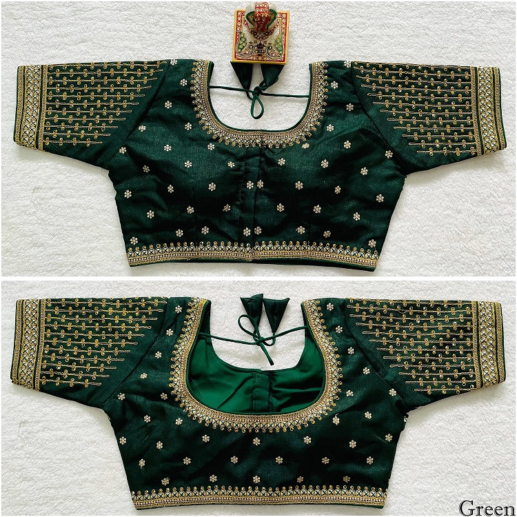 Embroidered Milan Silk Designer Blouse - Green(XXL)