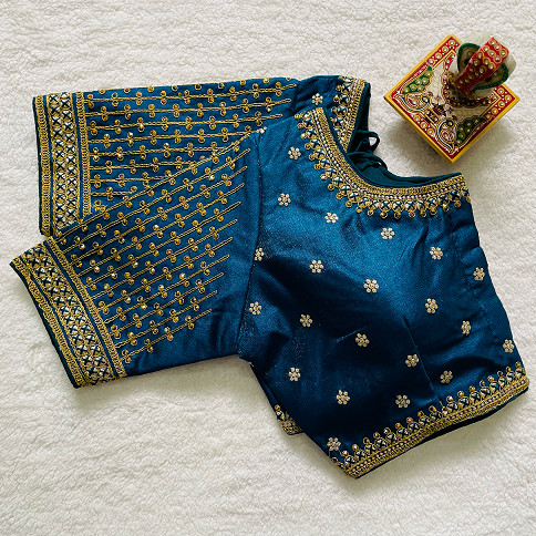 Embroidered Milan Silk Designer Blouse - Blue(S)