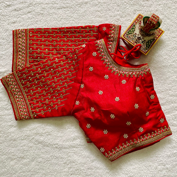 Embroidered Milan Silk Designer Blouse - Red(XXL)