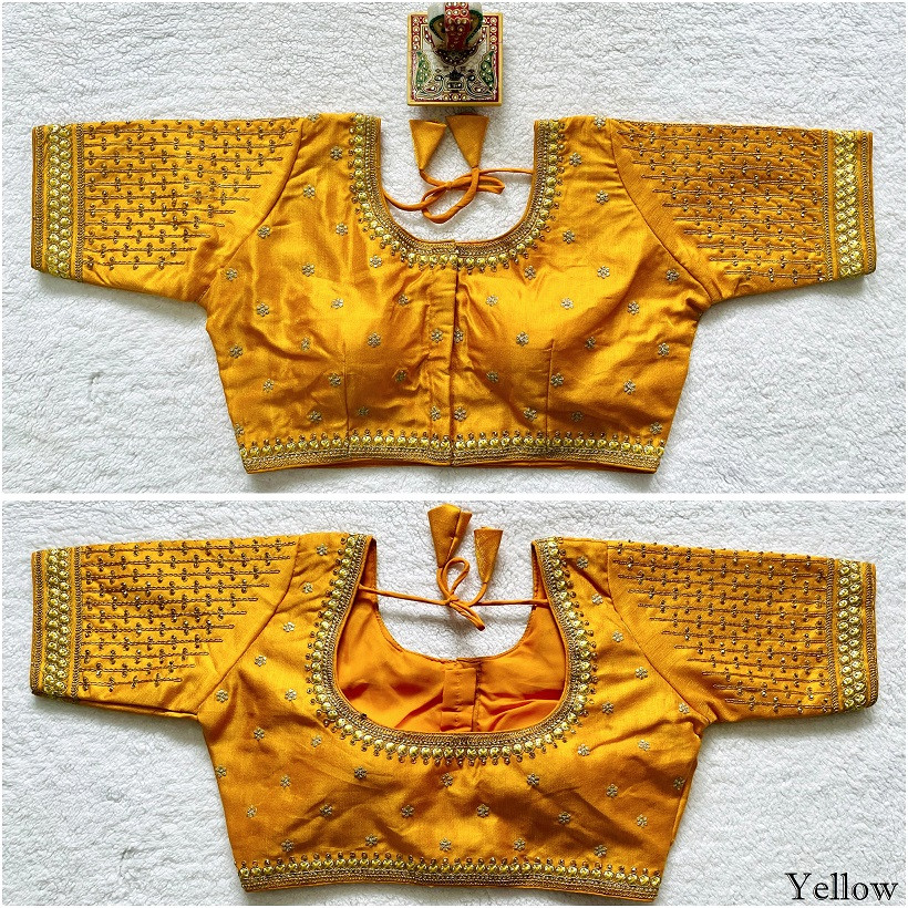 Embroidered Milan Silk Designer Blouse - Yellow(XXL)