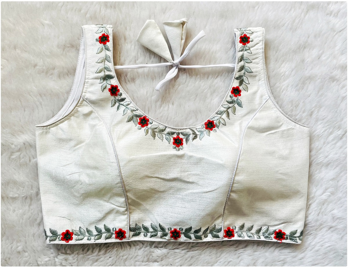 Embroidered Phantom Silk Designer Blouse - White(XL)