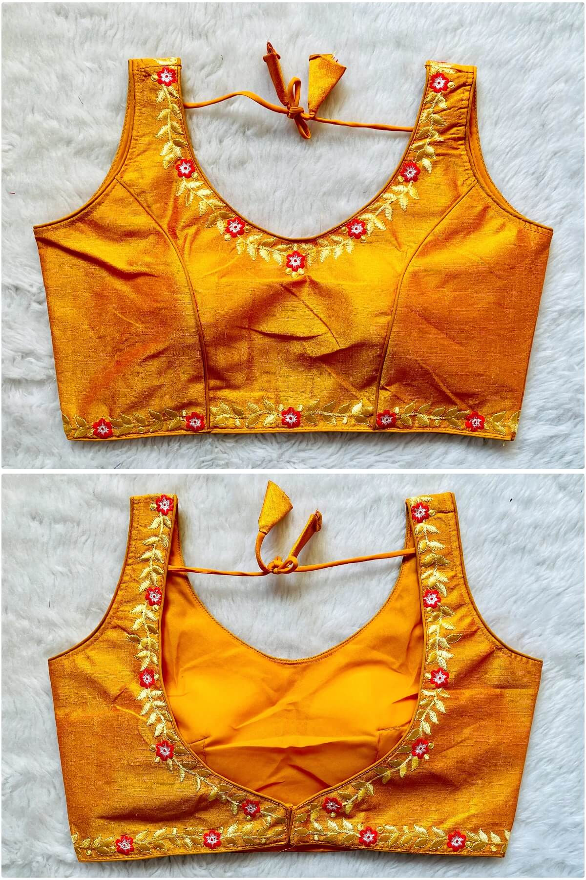 Embroidered Phantom Silk Designer Blouse - Dark Yellow(3XL)