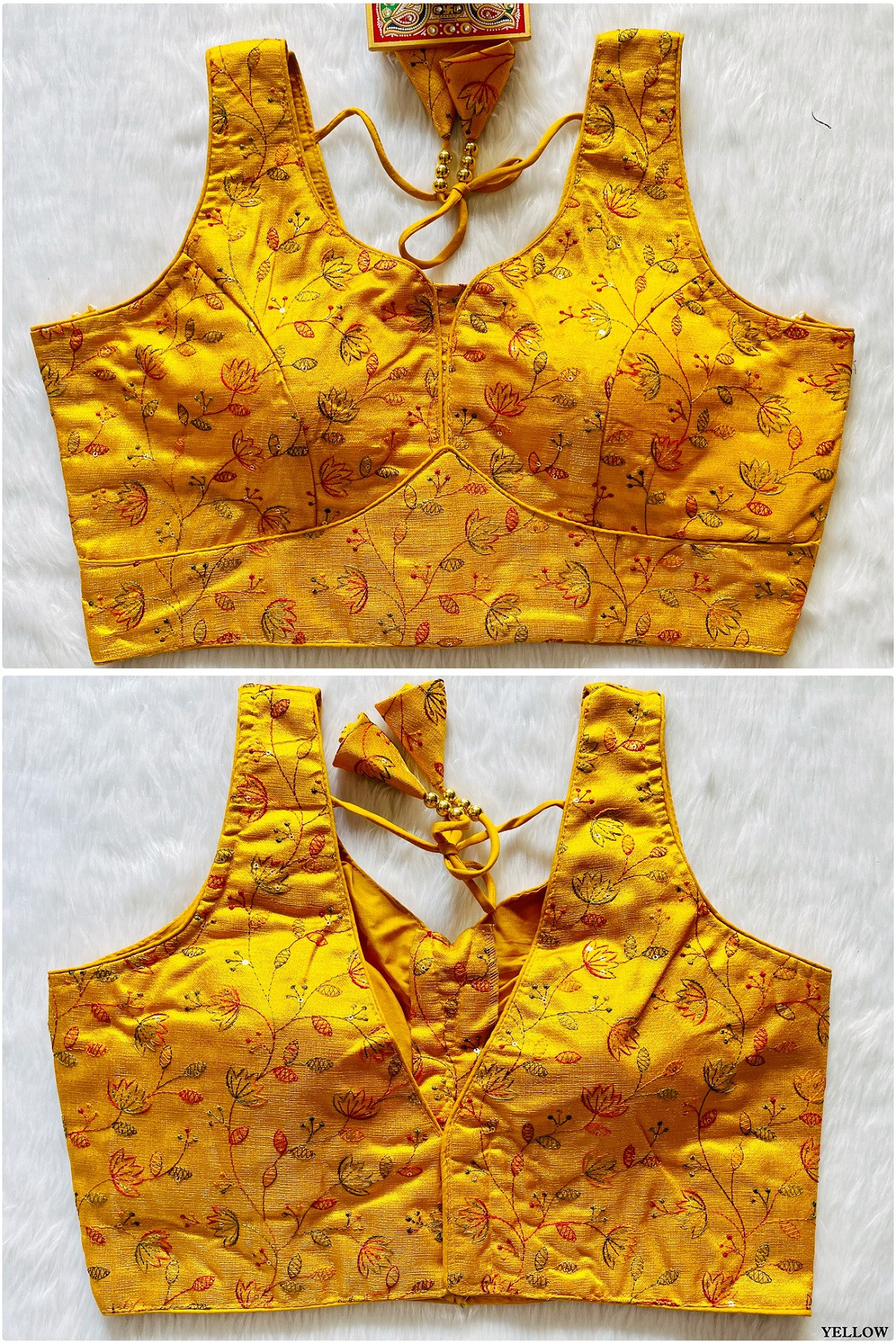 Multi Thread Sequence Embroidered Designer Blouse - Yellow(S)