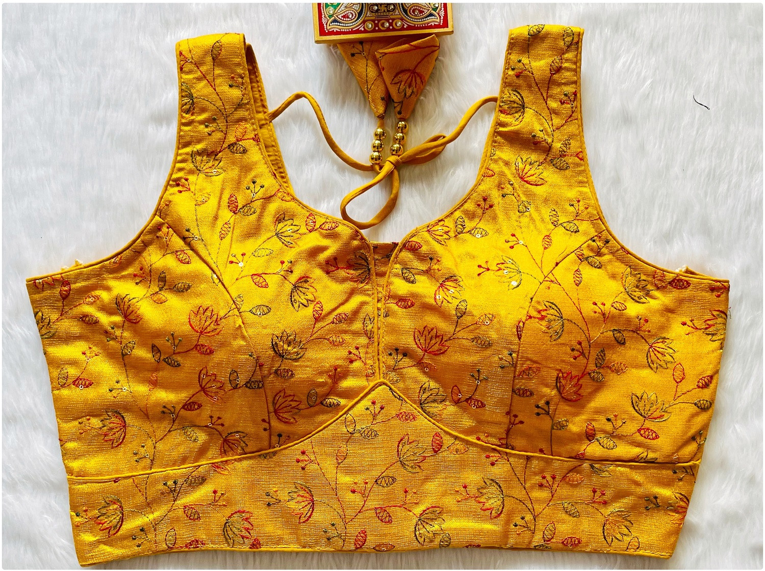 Multi Thread Sequence Embroidered Designer Blouse - Yellow(3XL)