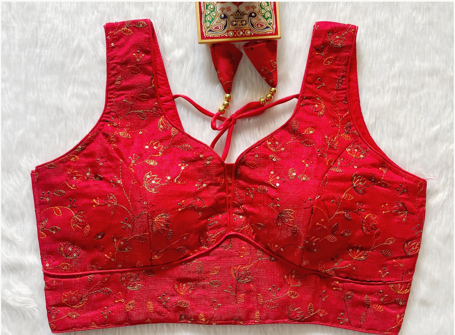 Multi Thread Sequence Embroidered Designer Blouse - Red(L)