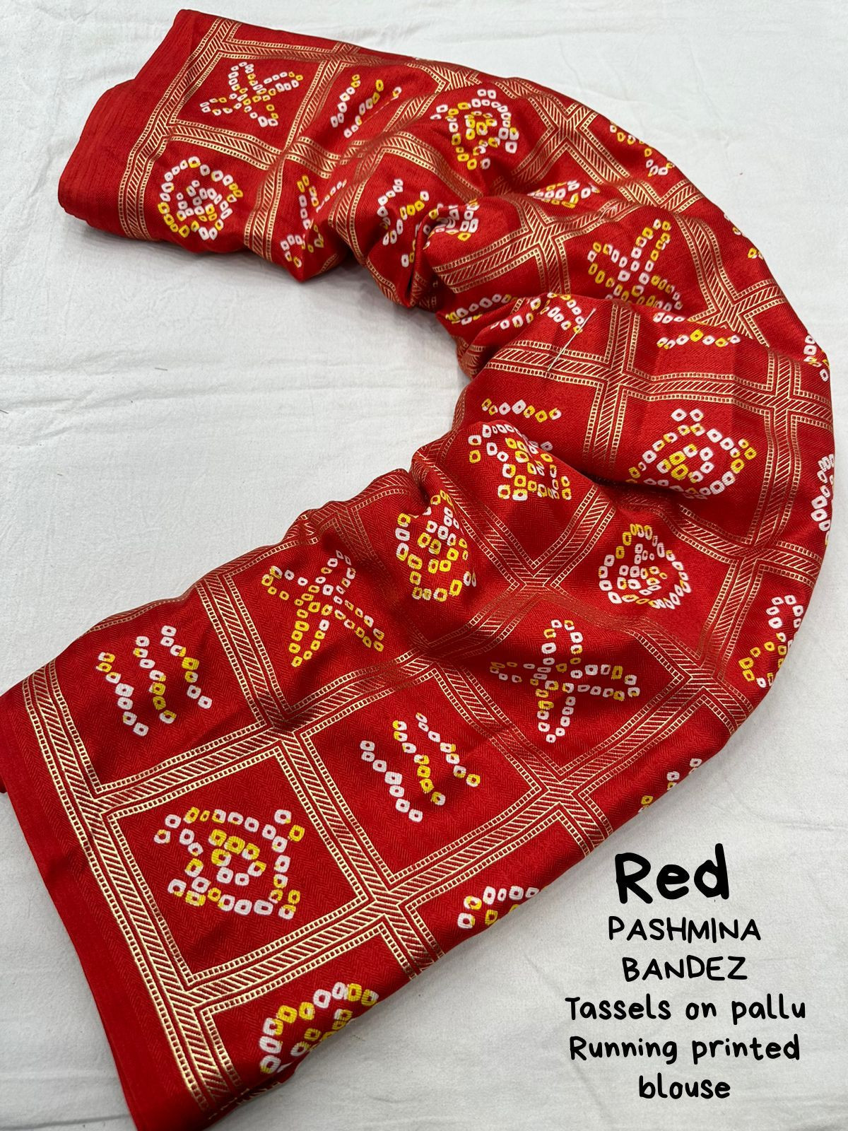 Soft Silk Bandhej printed saree attached by tassels on pallu -  Red