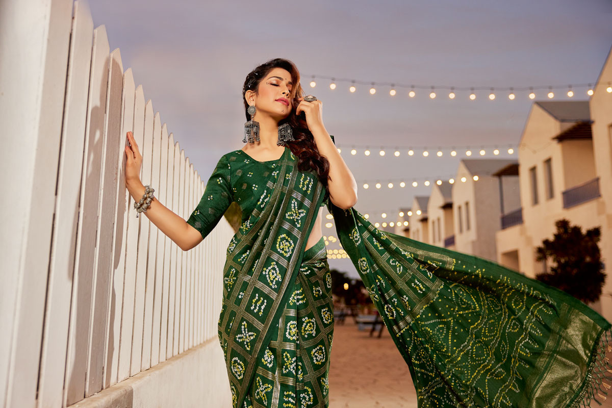 Soft Silk Bandhej printed saree attached by tassels on pallu -  Green