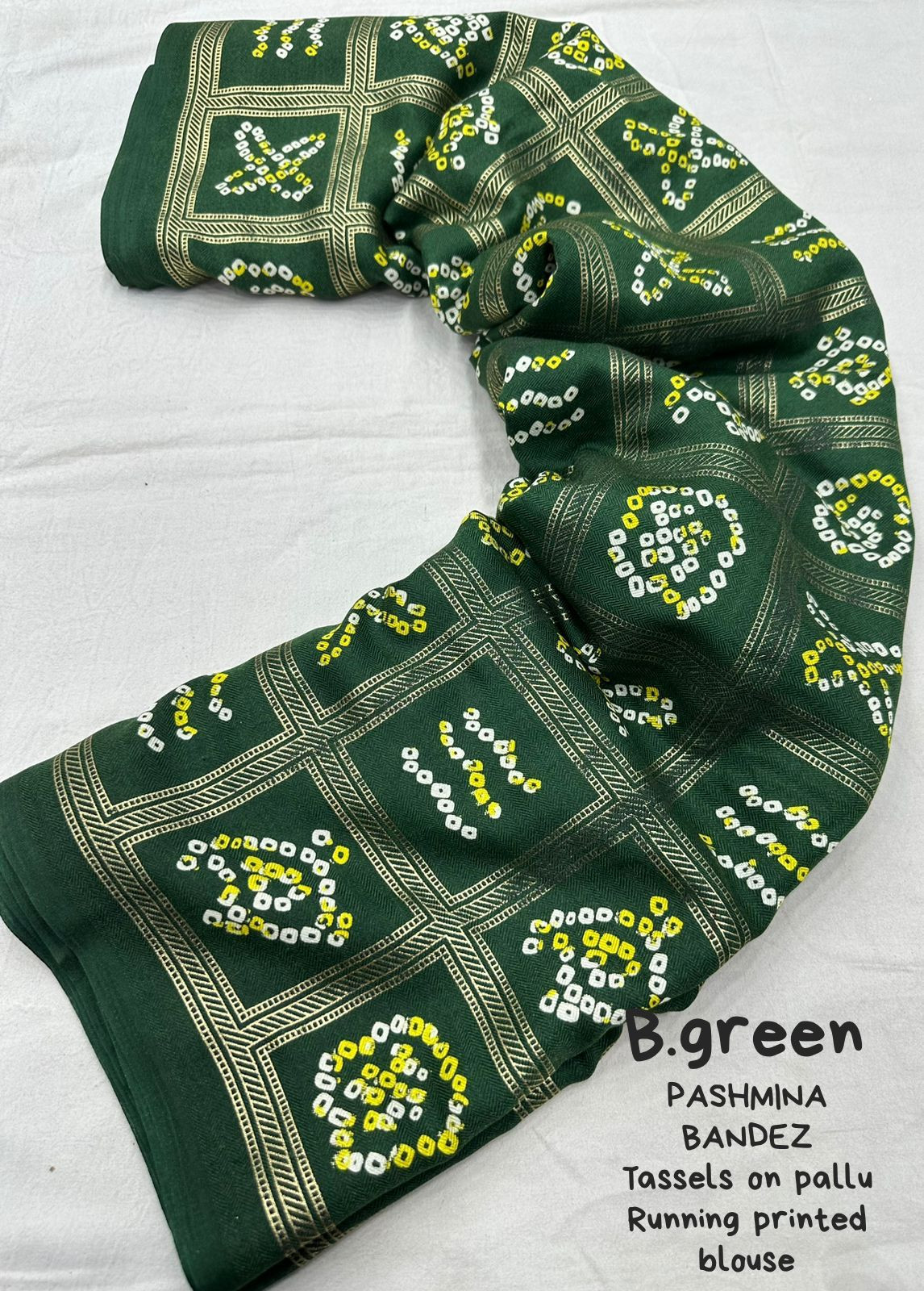 Soft Silk Bandhej printed saree attached by tassels on pallu -  Green