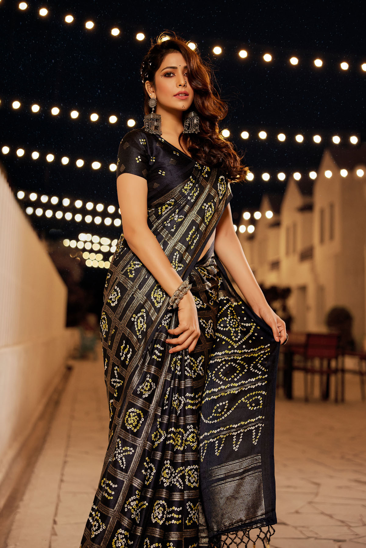 Soft Silk Bandhej printed saree attached by tassels on pallu -  Black