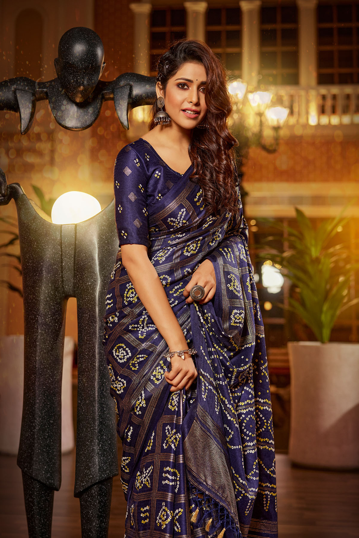 Soft Silk Bandhej printed saree attached by tassels on pallu -  Blue