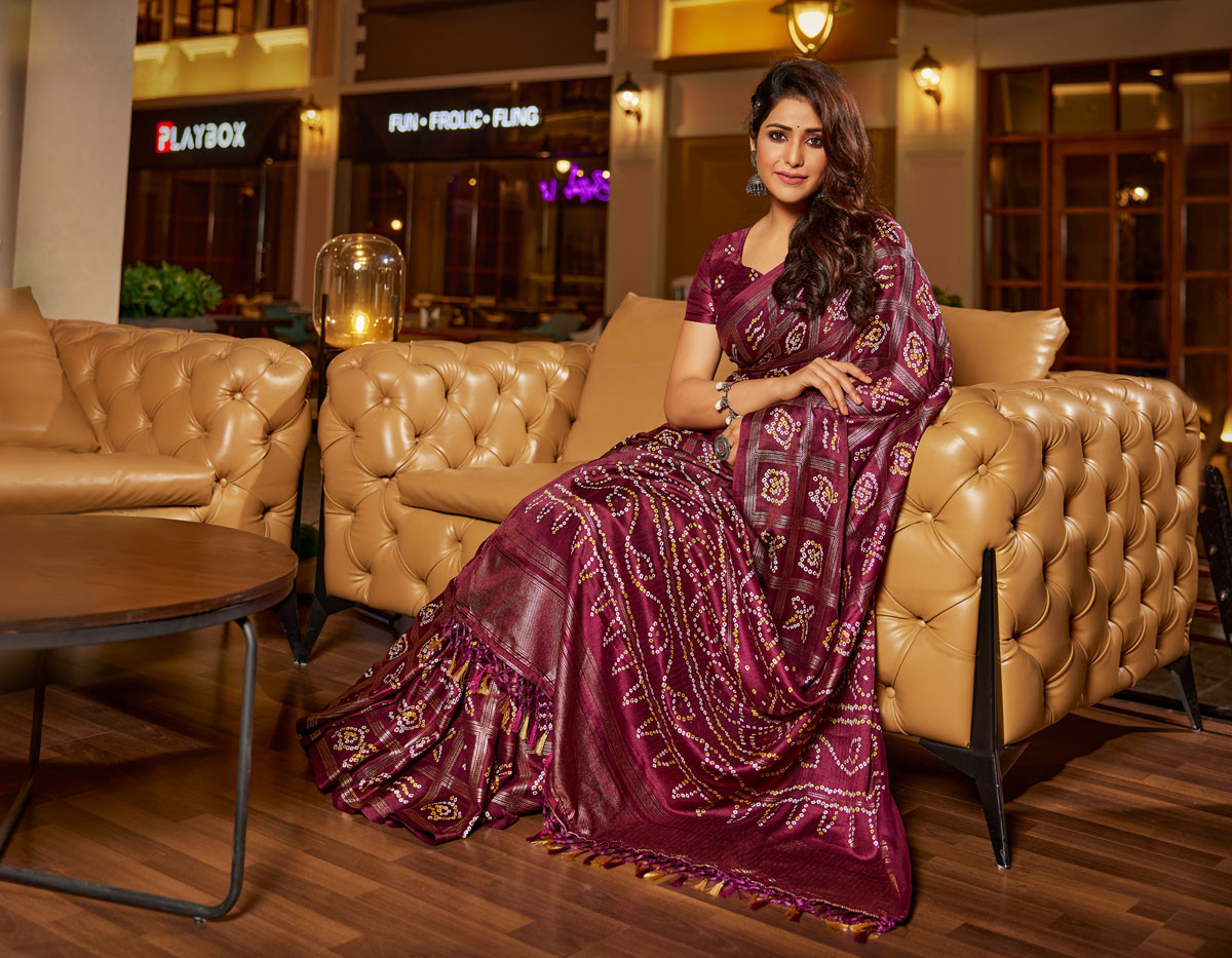 Soft Silk Bandhej printed saree attached by tassels on pallu -  Purple