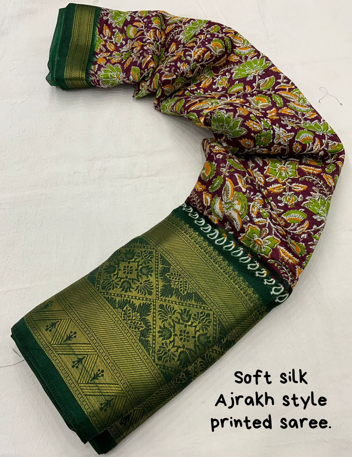 Ajrakh Printed Cotton Silk Saree - Dark Green