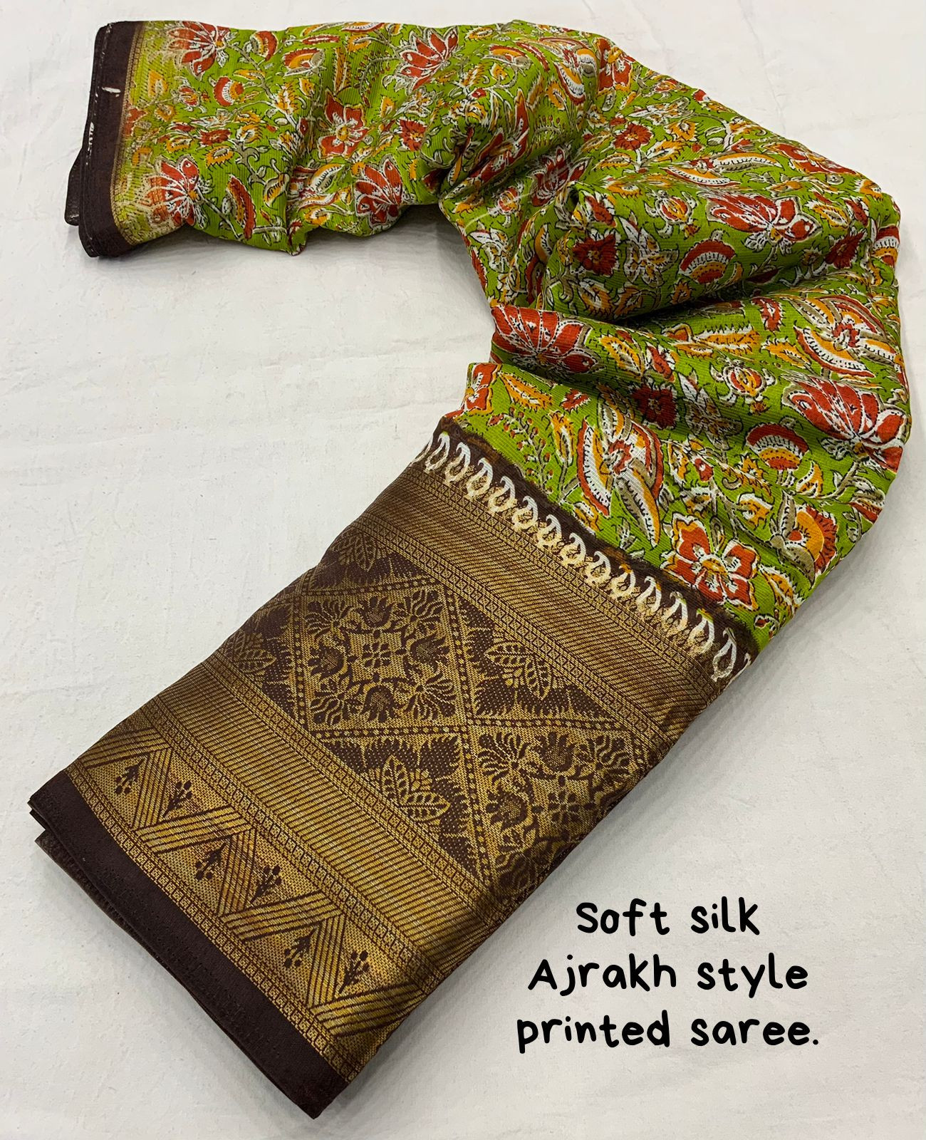 Ajrakh Printed Cotton Silk Saree - Green