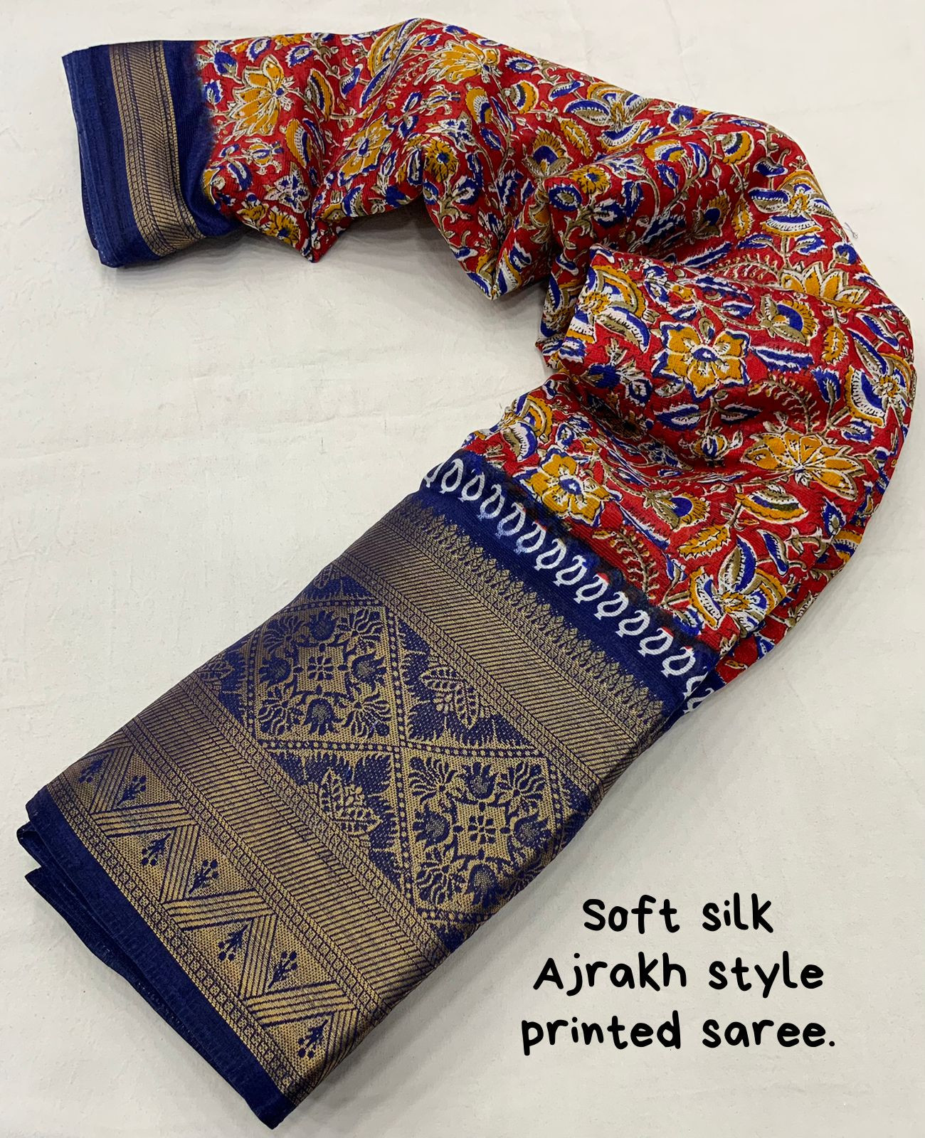 Ajrakh Printed Cotton Silk Saree - Red