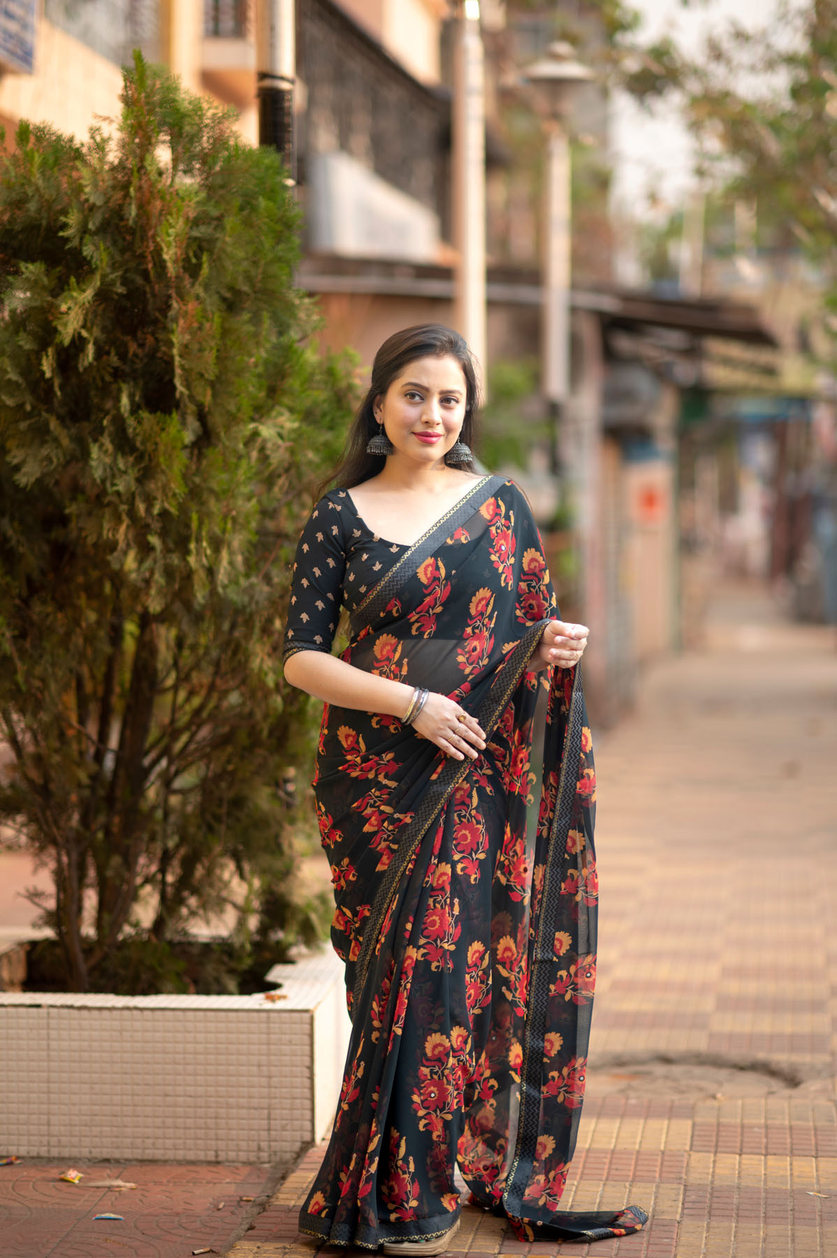 Pure Soft georgette Printed saree with Lace work -  Black