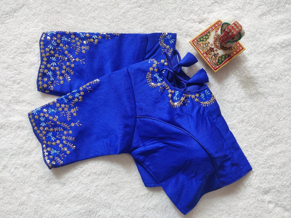 Phantom Silk Embroidered Designer Blouse - Royal Blue(S)