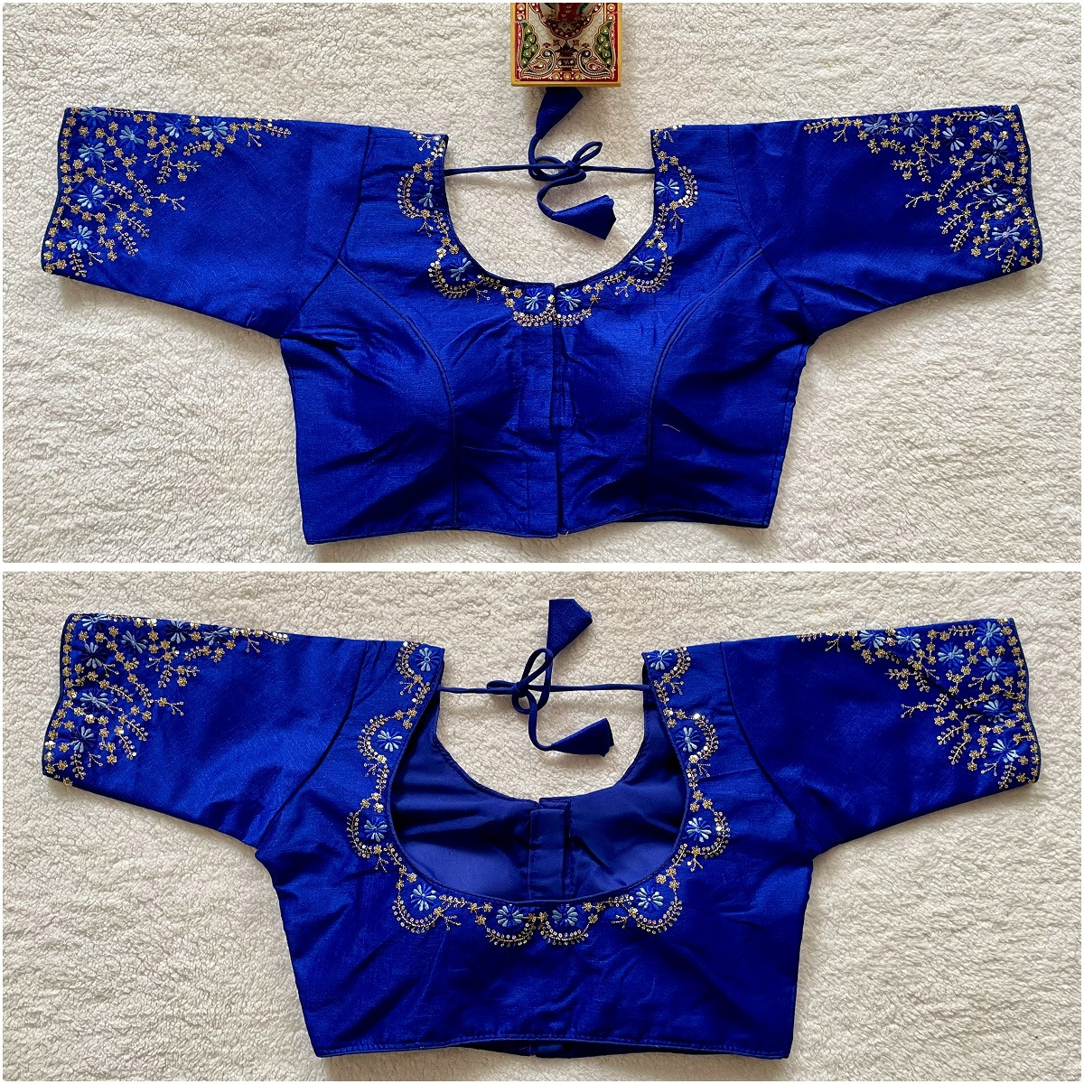 Phantom Silk Embroidered Designer Blouse - Royal Blue(XL)