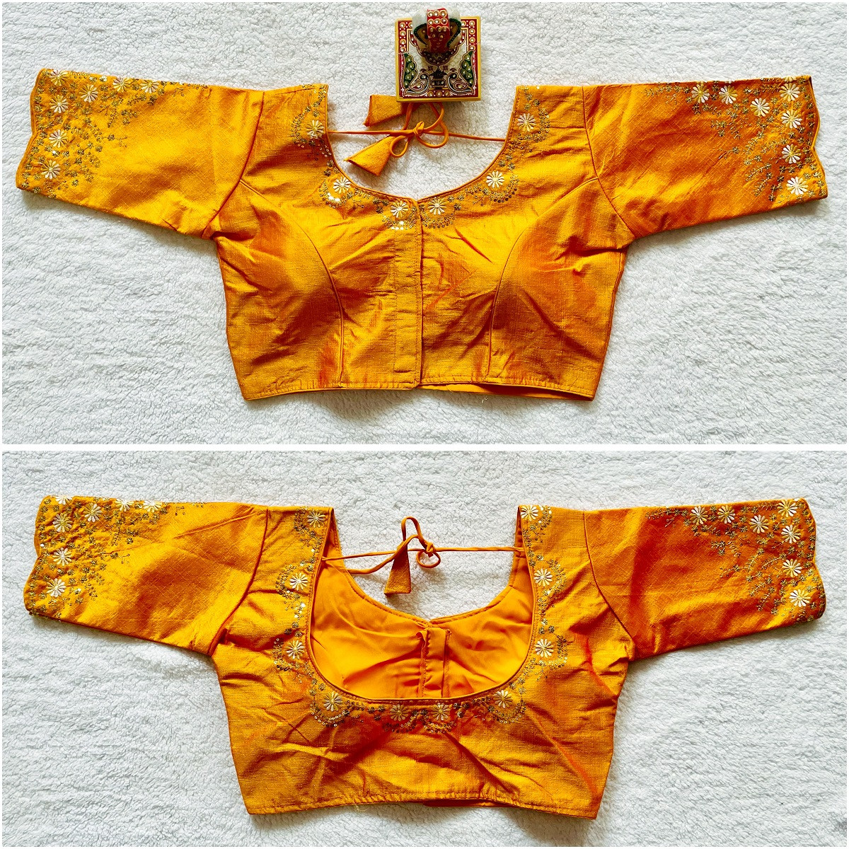 Phantom Silk Embroidered Designer Blouse - Yellow(XL)