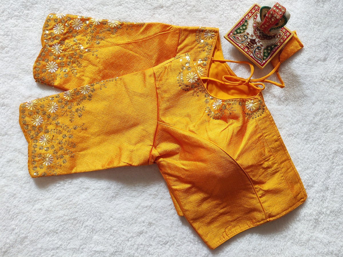 Phantom Silk Embroidered Designer Blouse - Yellow(XXL)