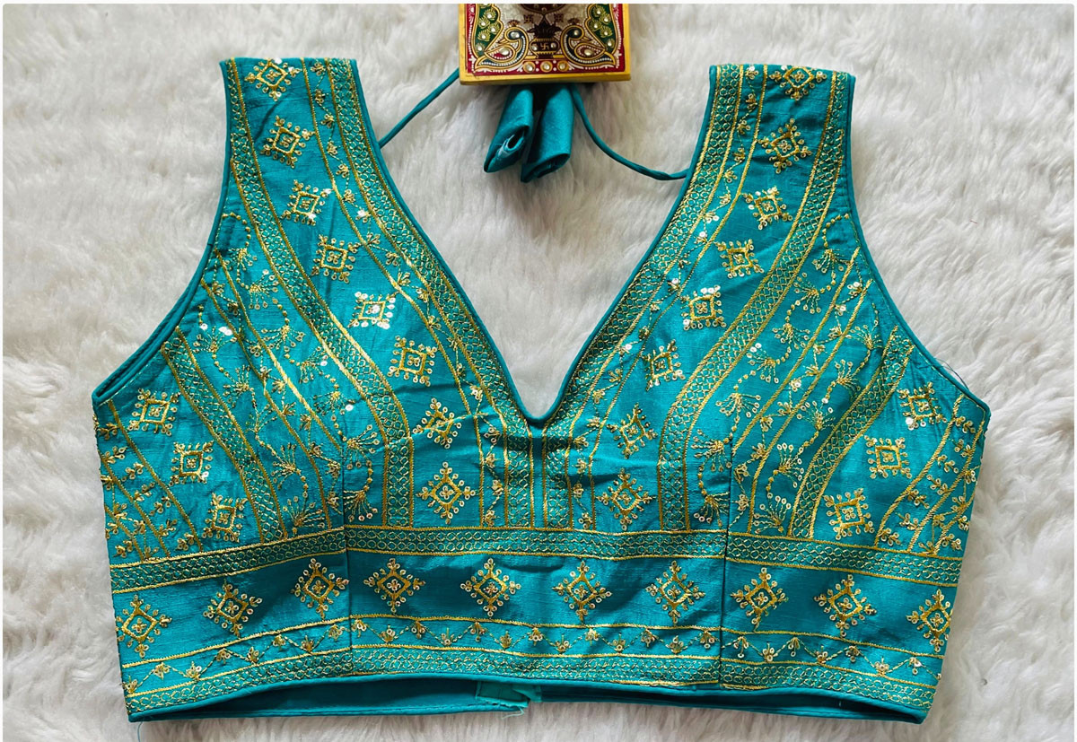 Embroidered Phantom Silk Designer Blouse - Rama Green(M)