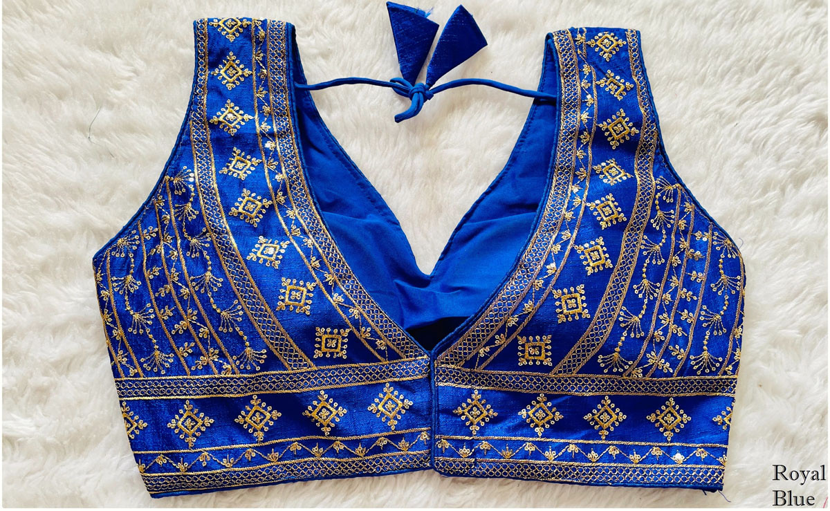 Embroidered Phantom Silk Designer Blouse - Blue(3XL)
